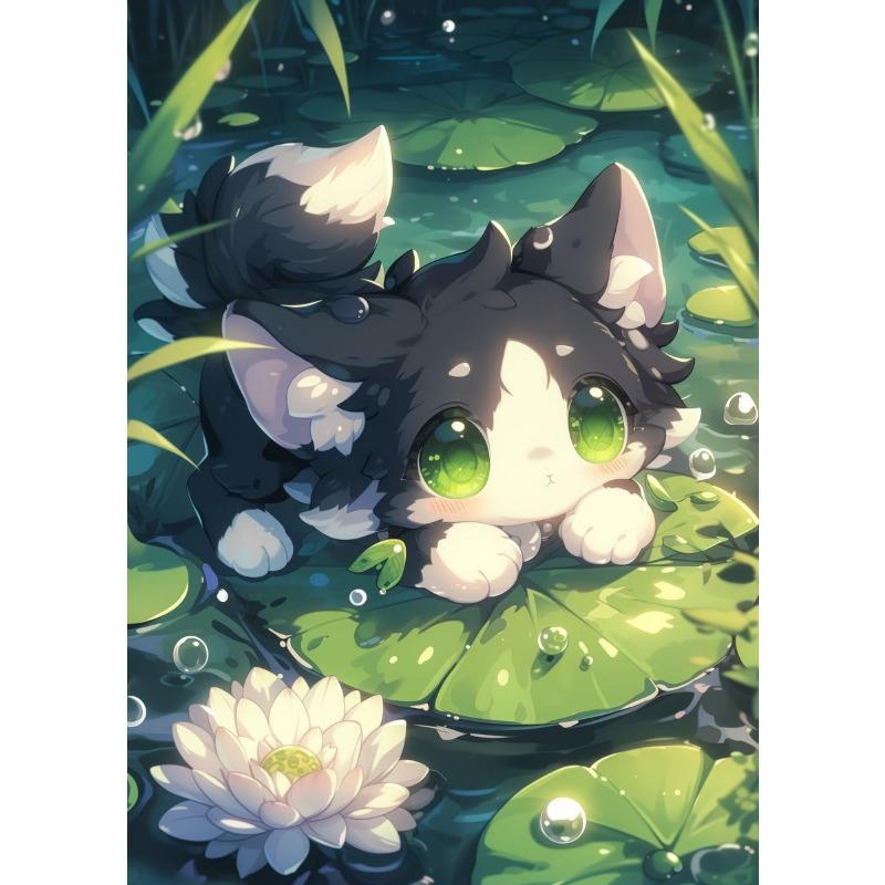 Cute Cat and Frog On The River Lotus Leaf Poster Modern Animals Canvas Painting Wall Art for Living Room Home Decor Mural