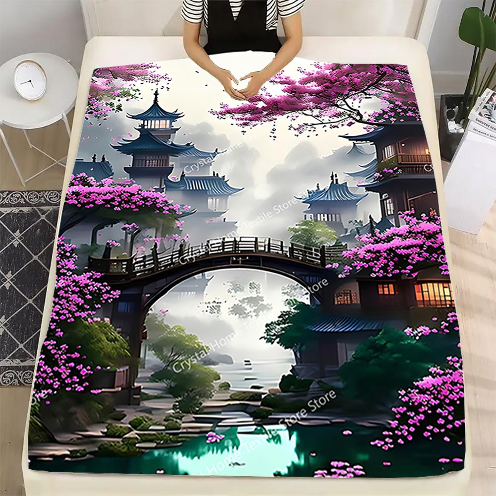 Japanese Architecture & Cherry Blossoms Flannel Blanket, Soft Warm Throw Blanket Nap Blanket For Sofa Office Bed Camping Trave