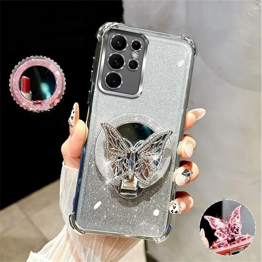 Luxury Plating Butterfly Stand Mirror Phone Case For Samsung A06 A16 A05S A35 A55 A54 A36 A56 Soft Silicone Shockproof Cover