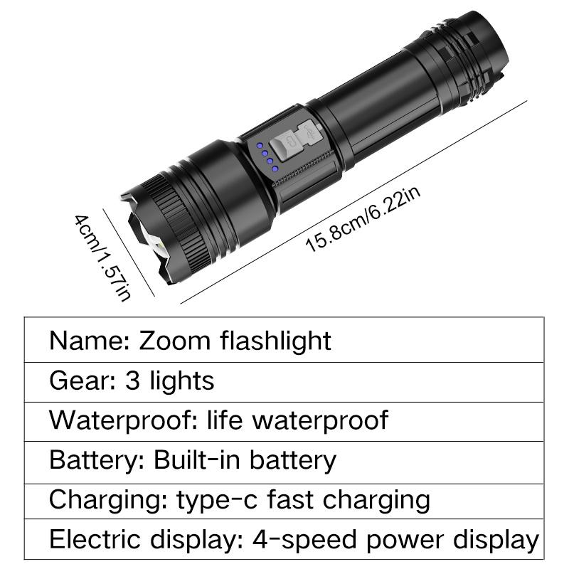 Strong and ultra bright long-range flashlight with adjustable zoom and multiple levels of focus, floodlight, and long-range lase