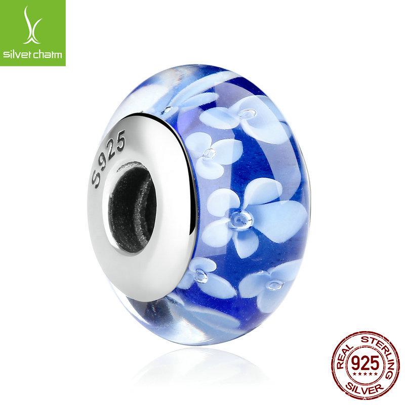 Sterling Silver 925 Blue Pattern Murano Glass Spacer Bead, Threaded, Large Hole, SCZ006