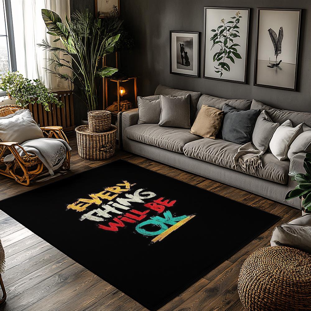 

Everything Will Be OK Inspirational Rug, Black Multicolor Letter Carpet for Living Room, Soft Non-Slip Sofa Mat with Decor 50x80cm