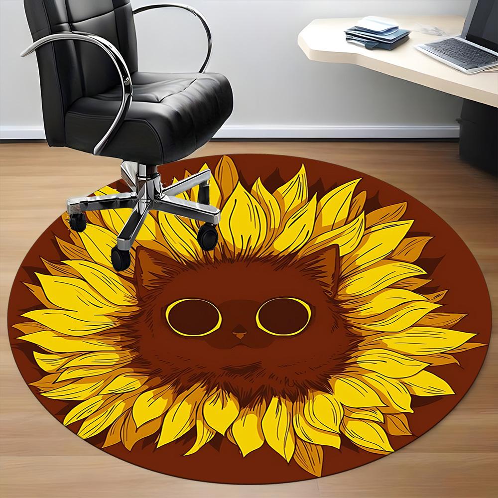 1pc Sunflower Cat Office Round Area Rug,  Mat Suitable For Office, Under Office Chairs Bedroom Living Room Home Decor, Room Deco