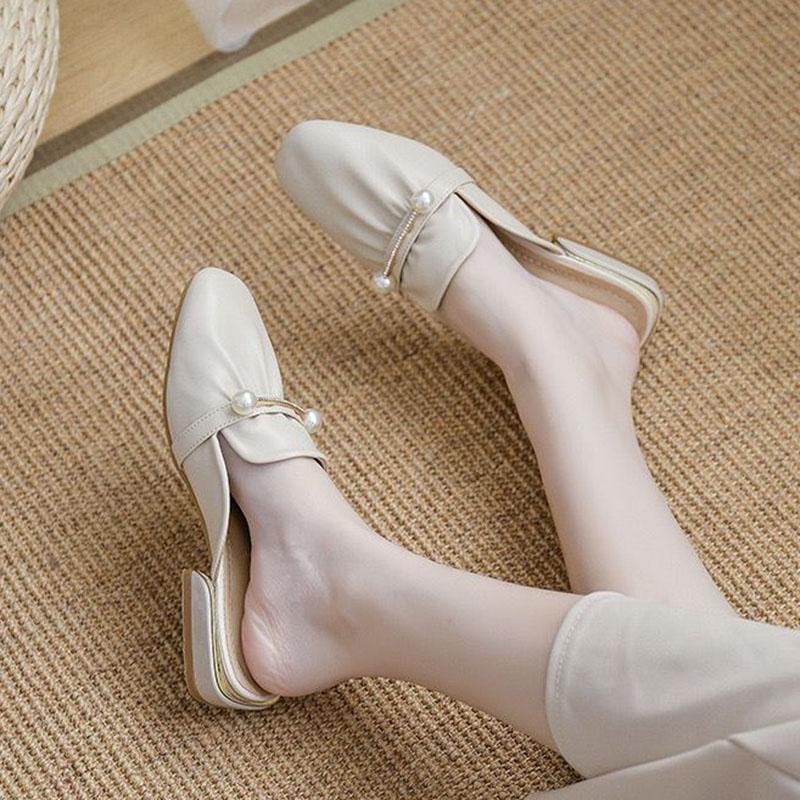 WTEMPO Women's Spring and Summer Square Toe Slippers Thick Low Heel Wrapped Toe Pearl Beige Rhinestone Pleated Soft Sole Soft Leather Slip-on Sandals