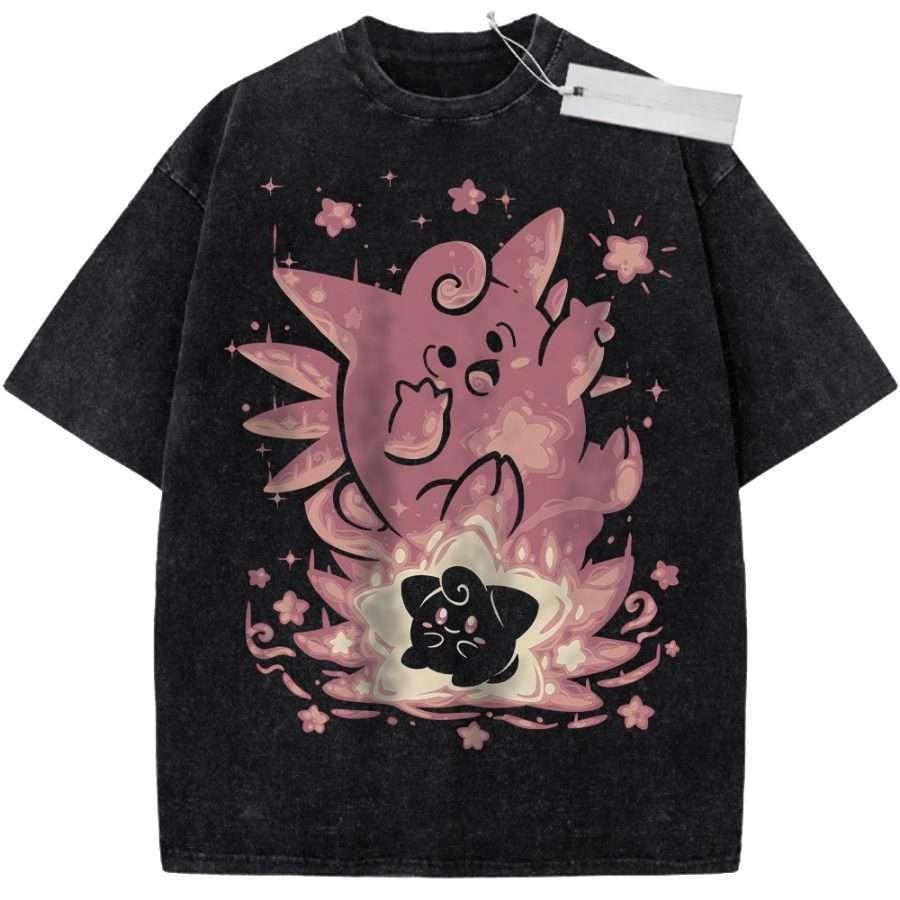 T Shirt Sports T Shirt Short Sleeve T Shirt Black Unisex Pure Cotton Washed Vintage Pokemon Eevee Evolutions Anime Print