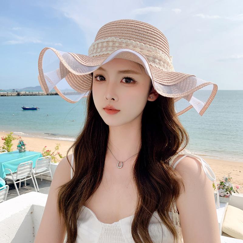 Summer new hat women's lace bow beach straw hat seaside travel sun hat big edge sun hat