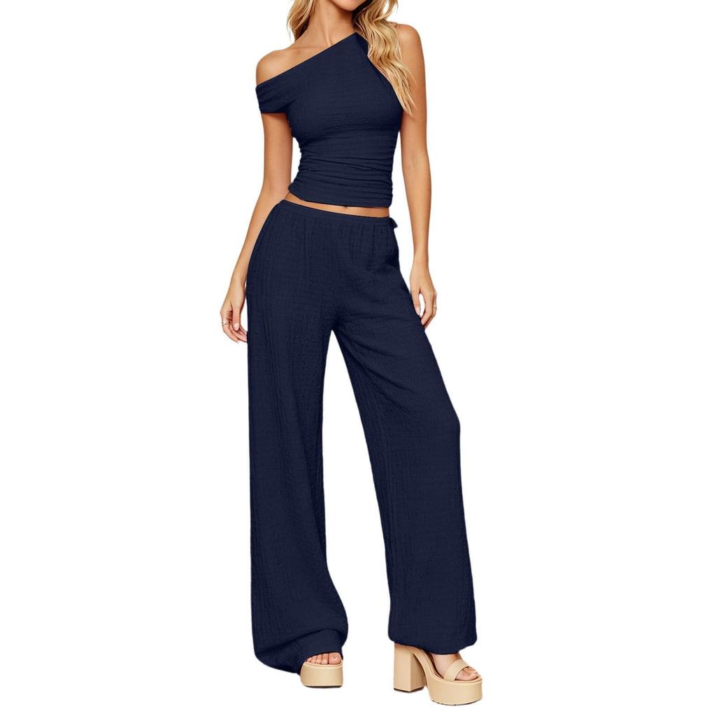 Damen Sommer Zweiteiler Ein Schulter Kurzarm Top Hohe Taille Weite Hosen Freizeit Outfit