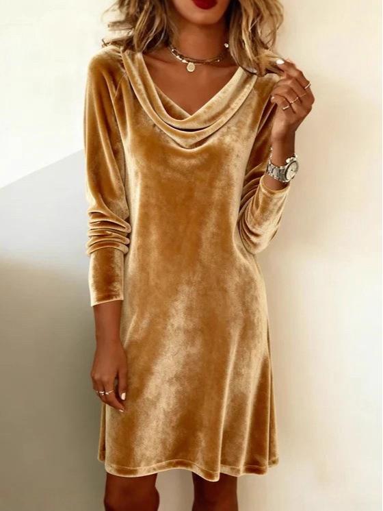 2025 Autumn/Winter Women's Solid Velvet Dress with Shawl Collar and Long Sleeves