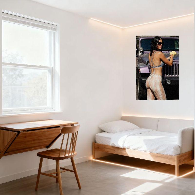 Sexy Woman Wet Dark Curly Hair Bikini Car Wash Scene Purple Jeep Wrangler Metal Tin Sign for Home Bar Wall Decor Vintage Metal P