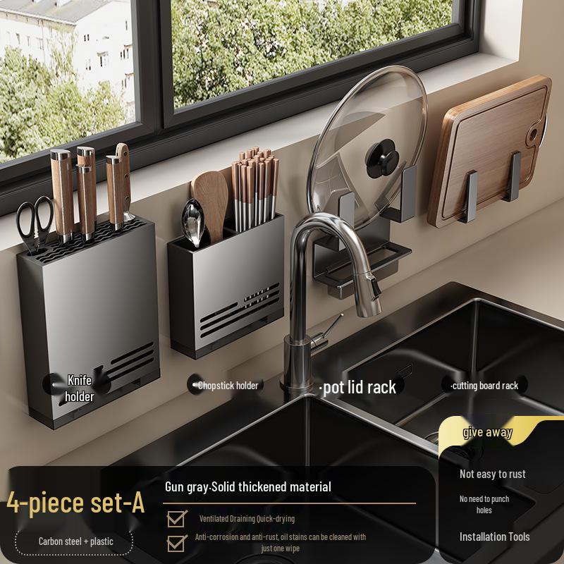 Gunmetal Wall-Mounted Kitchen Rack: No-Drill Seasoning, Knife Holder, Multifunctional Storage Solution