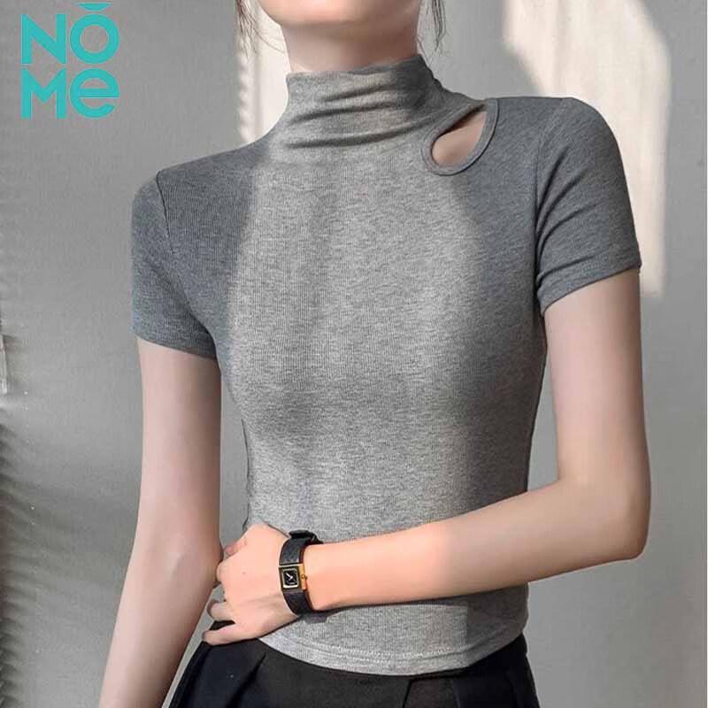 NOME Women s Mock Neck Cutout Short Sleeve Tee L