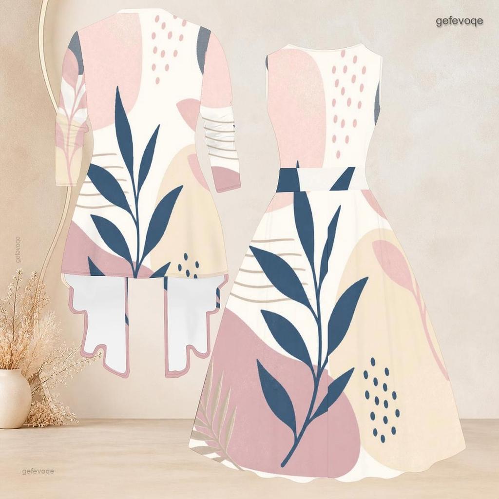 Women Plus Size Two Piece Set Geometric Printed Round Neck 3 4 Sleeve Open Cardigan Sleeveless Tie Waist Flared Dress