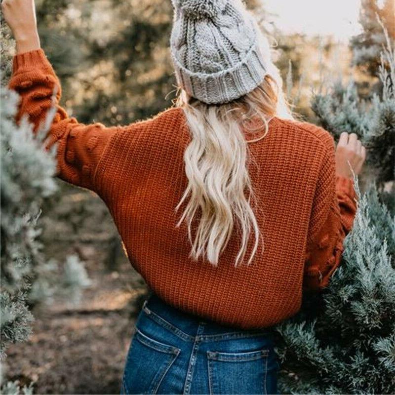 Autumn and winter new thickened short umbilical women's pullover sweater, loose casual puff sleeve women's knitted sweater