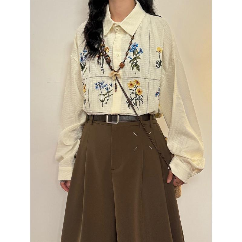 Früher Herbst Japanisch Retro Locker und Vielseitig Floral Bestickt Wfle Lässiges Langarmhemd und Oberteil