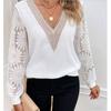 Fashion Long Sleeve V-neck Patchwork White Blouse Women Lace See Through Casual Shirts Women Tops Elegant Solid Vintage Shirt Female Clothing 26210