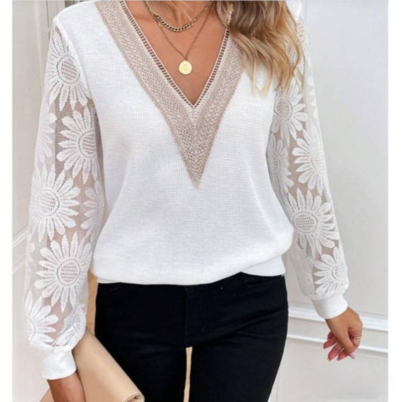 Fashion Long Sleeve V-neck Patchwork White Blouse Women Lace See Through Casual Shirts Women Tops Elegant Solid Vintage Shirt Female Clothing 26210