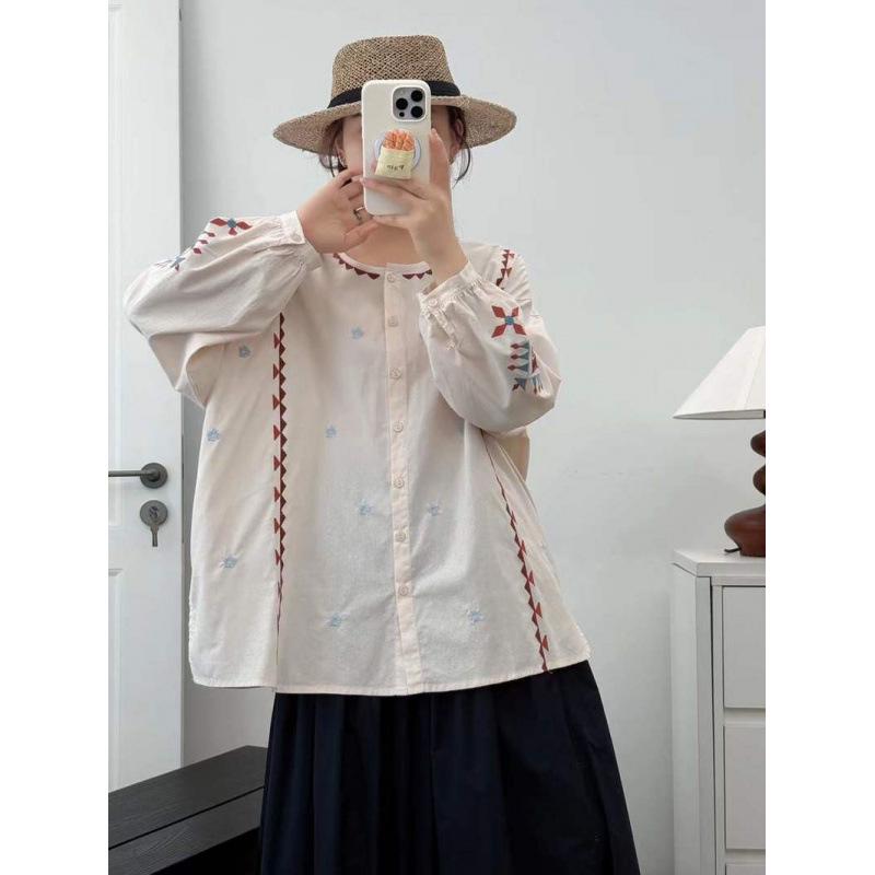 2025 Spring Retro Ethnic Embroidered Stand Collar Oversized Women's Cardigan Long Sleeve Shirt
