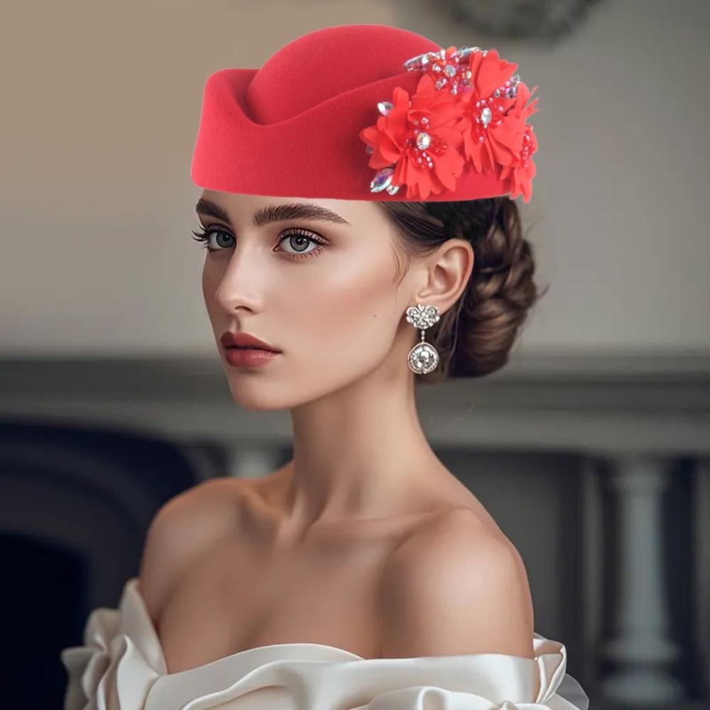 Cappello Turbante in Feltro con Fiore Moda Berretto Morbido Vintage Berretti Casual Cappellino da Tea Party per Donne
