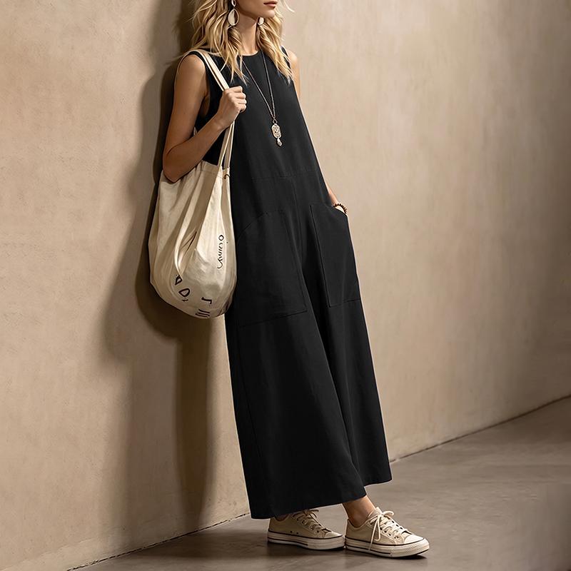 ZANZEA Women Casual Round Neck Sleeveless Loose Wide Leg Jumpsuits S