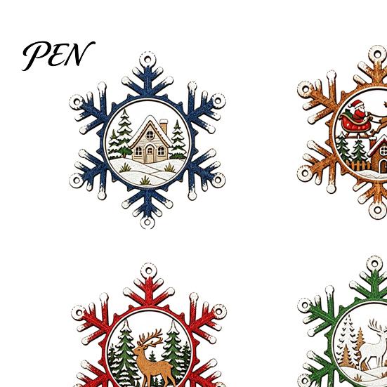 Wooden Snowflake Ornaments for Holidays 4 Pcs Christmas Ornaments, Rustic Hanging Decoration with Vintage Style Tree Pendants Elk Village House Design