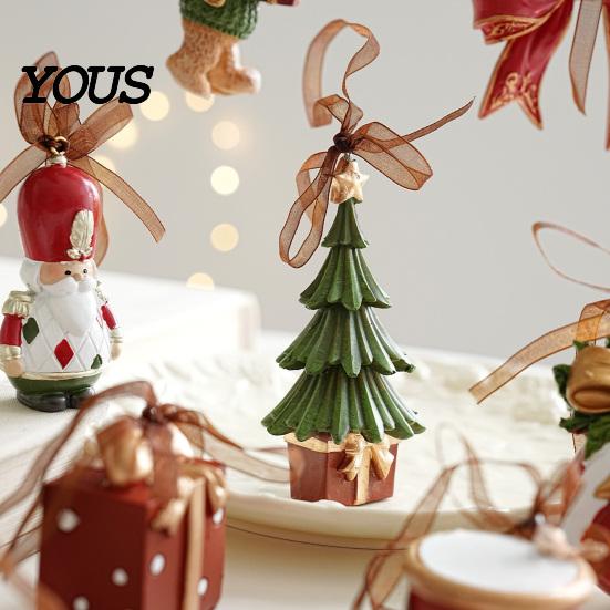 Seasonal Branch Decorations Christmas Resin Animal Ornament, Vintage Hanging Decor with Ribbon, Cute Bow Souvenirs Dog Santa Bear Patterns Xmas