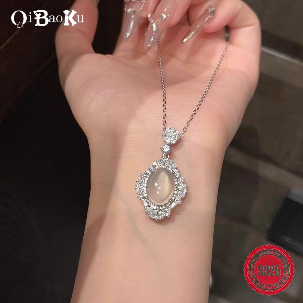 Sterling Silver Necklace Retro Oval Natural Stone Ice Jade Pendant Necklace Luxury Alice Style Collarbone Chain Holiday Gift 40-45cm