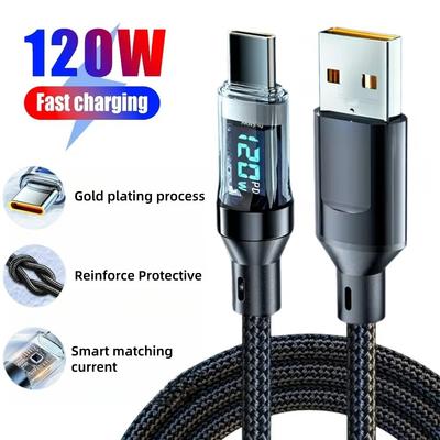 120W USB Type C Cable LED Digital Display PD Cable Fast Charging Nylon Data Cord for Xiaomi 13 Redmi Samsung USB C Charger Cable