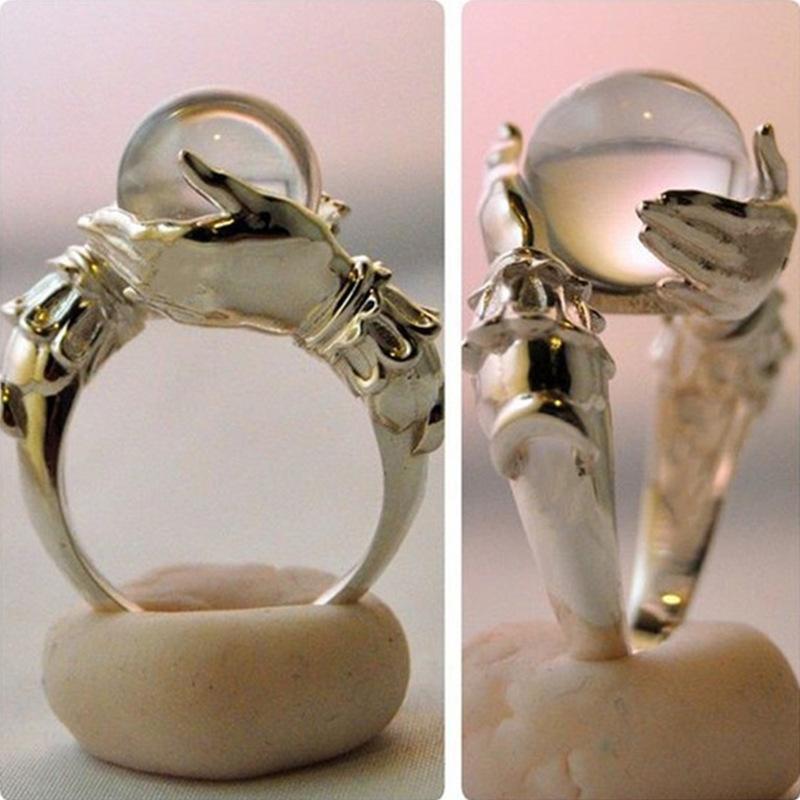 Huajie Creative Hands Holding Moonstone Desig Rings for Women Party Gift New  Personality Accessories Trend