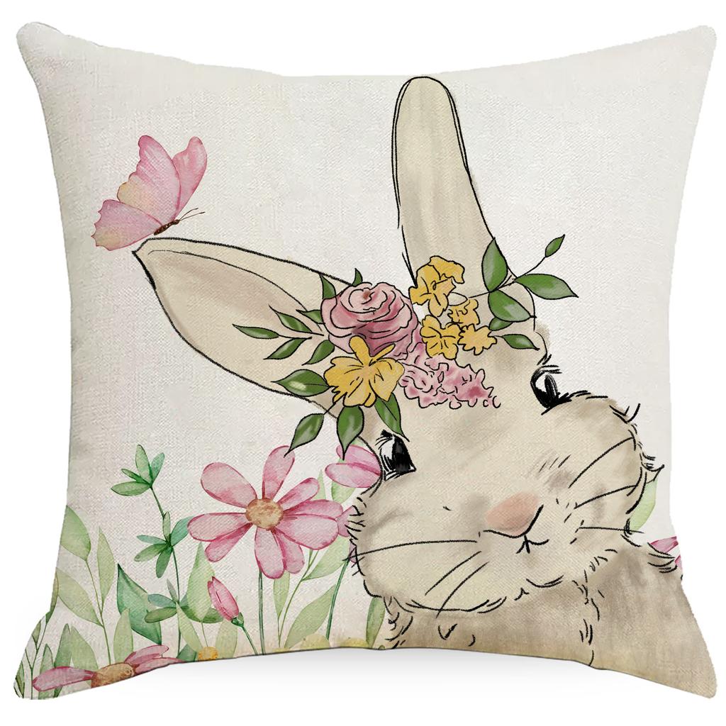 Pink Easter Printed Linen Pillow Case Spring Easter Egg Bunny Home Decoration Pillow Case Cushion