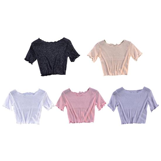 O-Ausschnitt Kurzarm Sheer Trim Crop Top Frauen See-through Glitter Mesh T-Shirt Streetwear