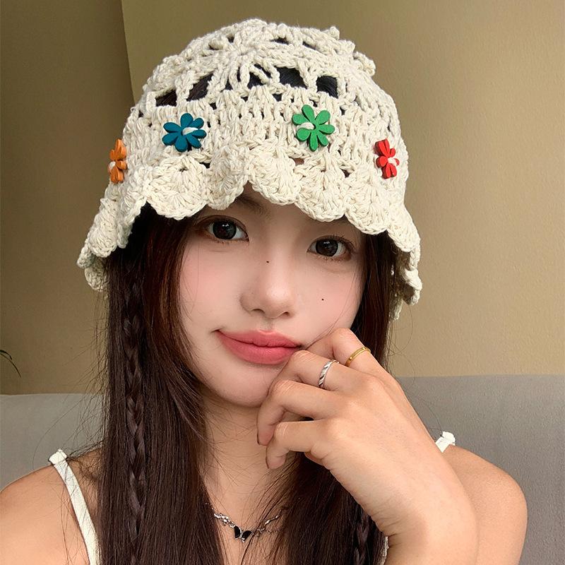 Hand Crocheted Flower Knitted Hat Children's Autumn Face Small Versatile Wool Hat Big Head Circumference Hollow Hat