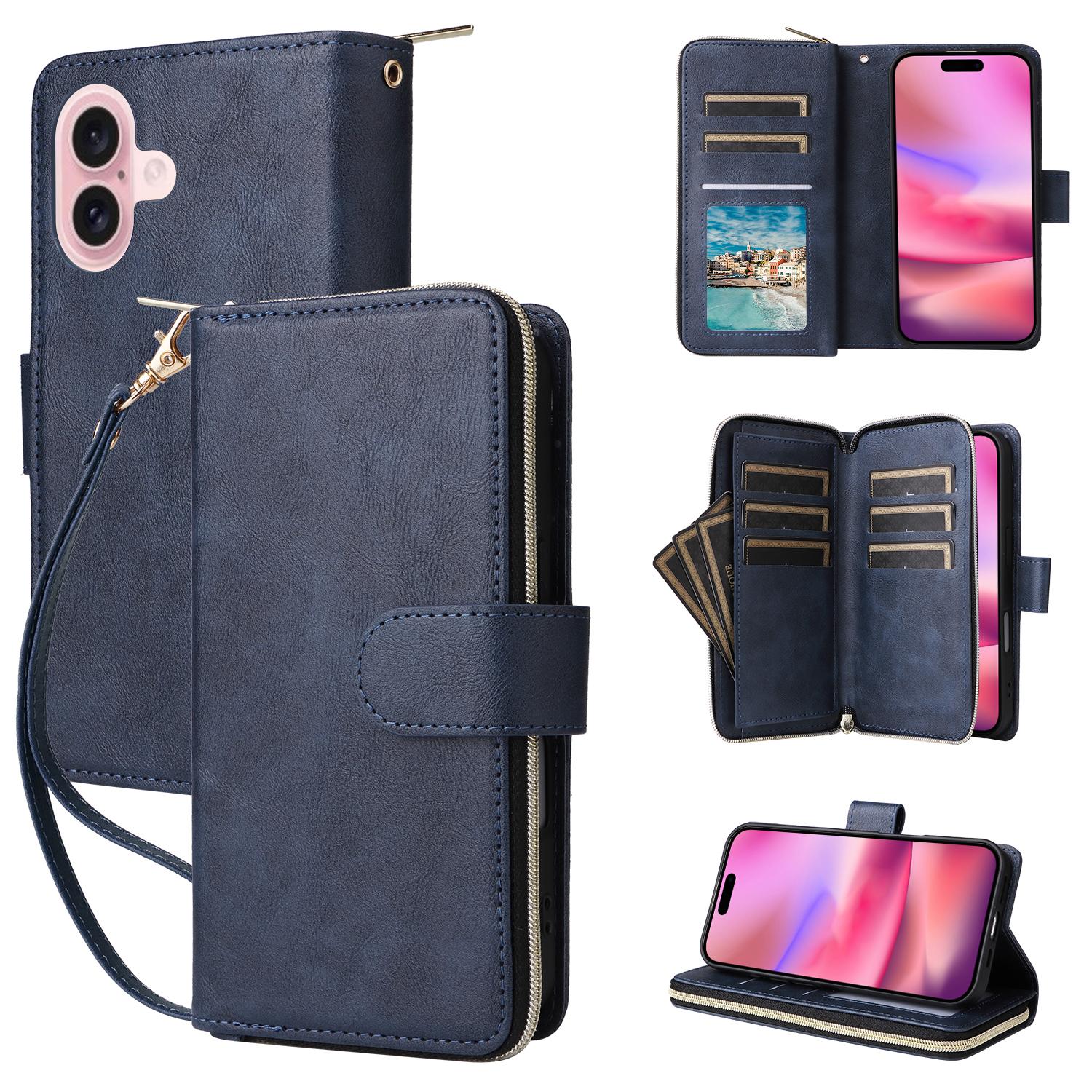 

For iPhone 16 Case 9 Card Slots PU Leather Zipper Wallet Phone Cover