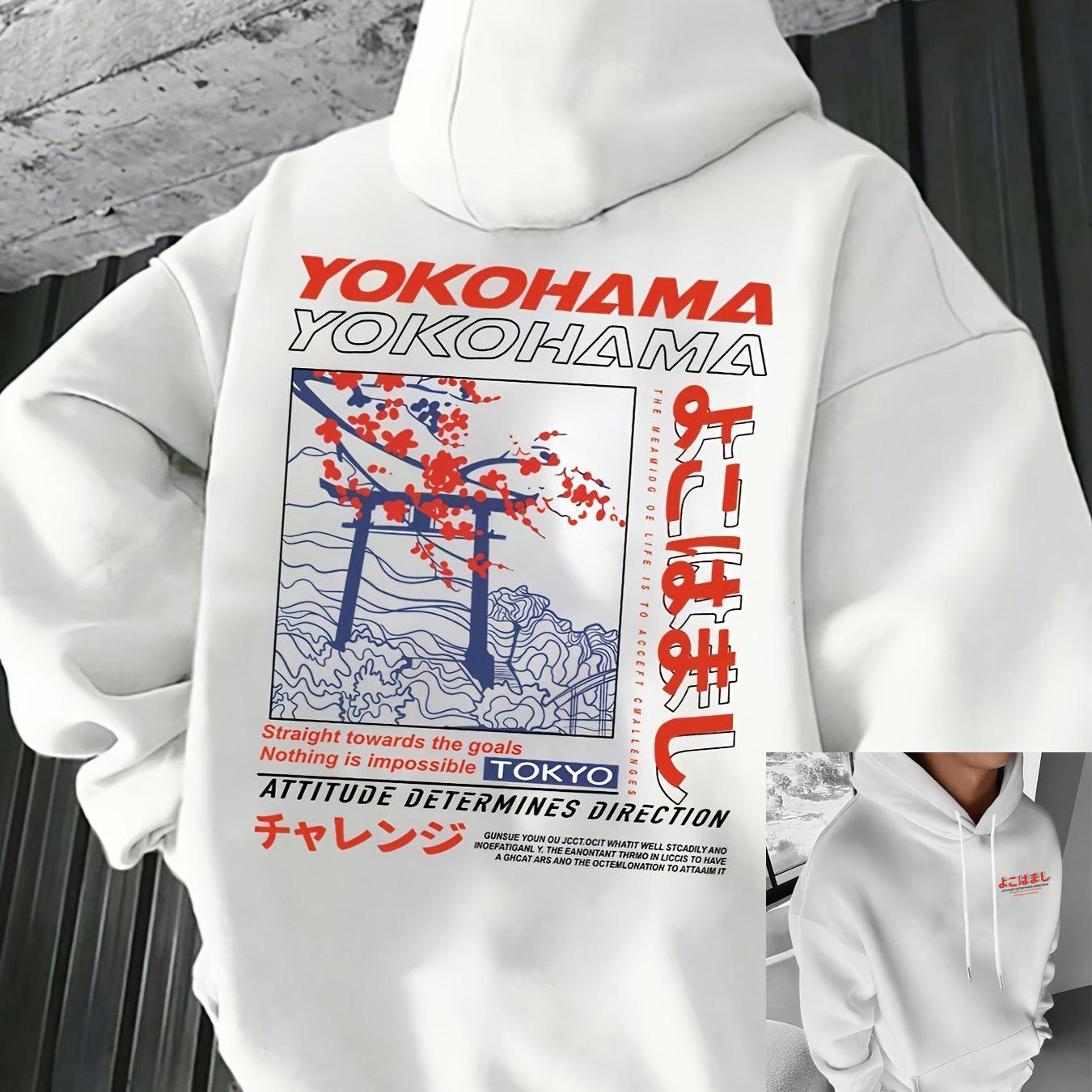 

Men s autumn and winter casual fashion loose Tokyo pattern printed long sleeved hooded sweatshirt warm pullover 2XL