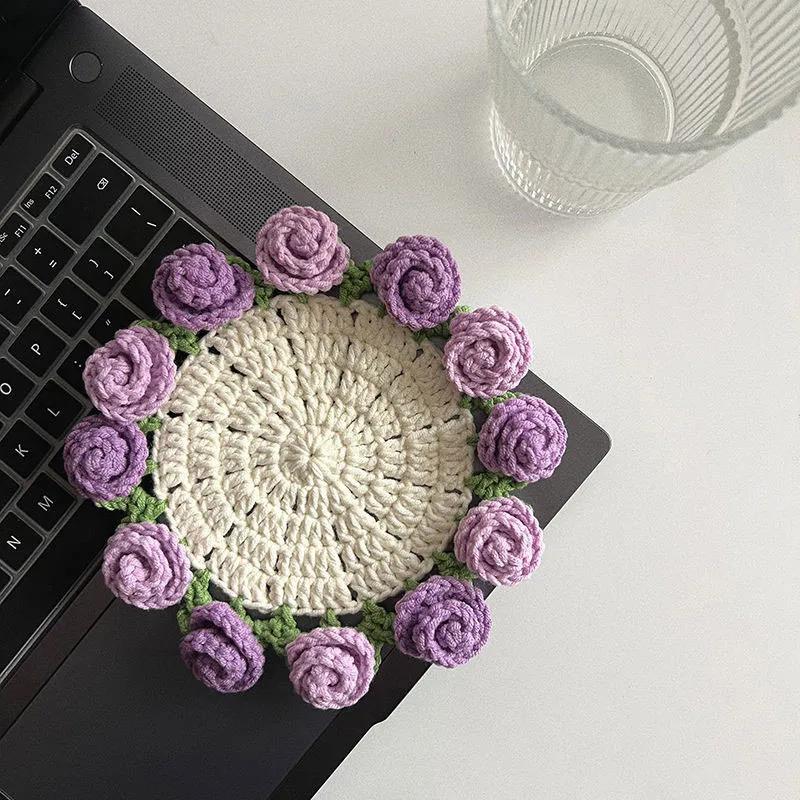 Crochet Coaster Rose Flower Coaster Crochet Flower Placemat Rose Bouquet Cup Pad Coffee Mug Cup Mat Mother's Day Gift