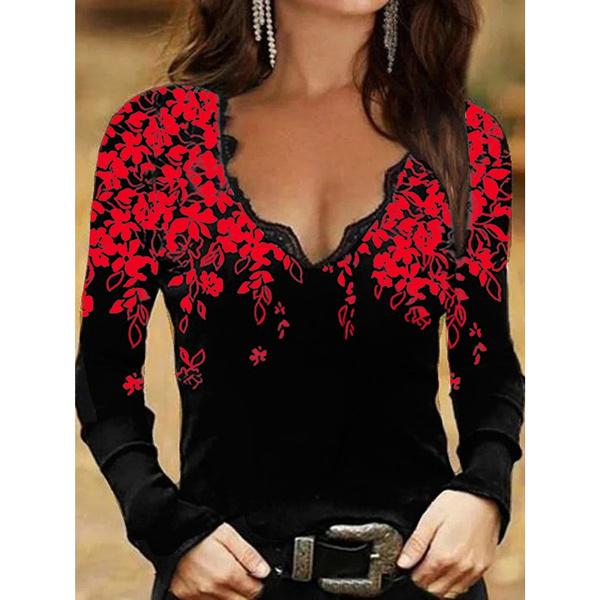 Herbstmode Damen Blumenmuster Langarm Spitze V-Ausschnitt Lässig Elegant Top Lose Plus Size Weich und bequem Dünn Bottoming Shirt S-5XL