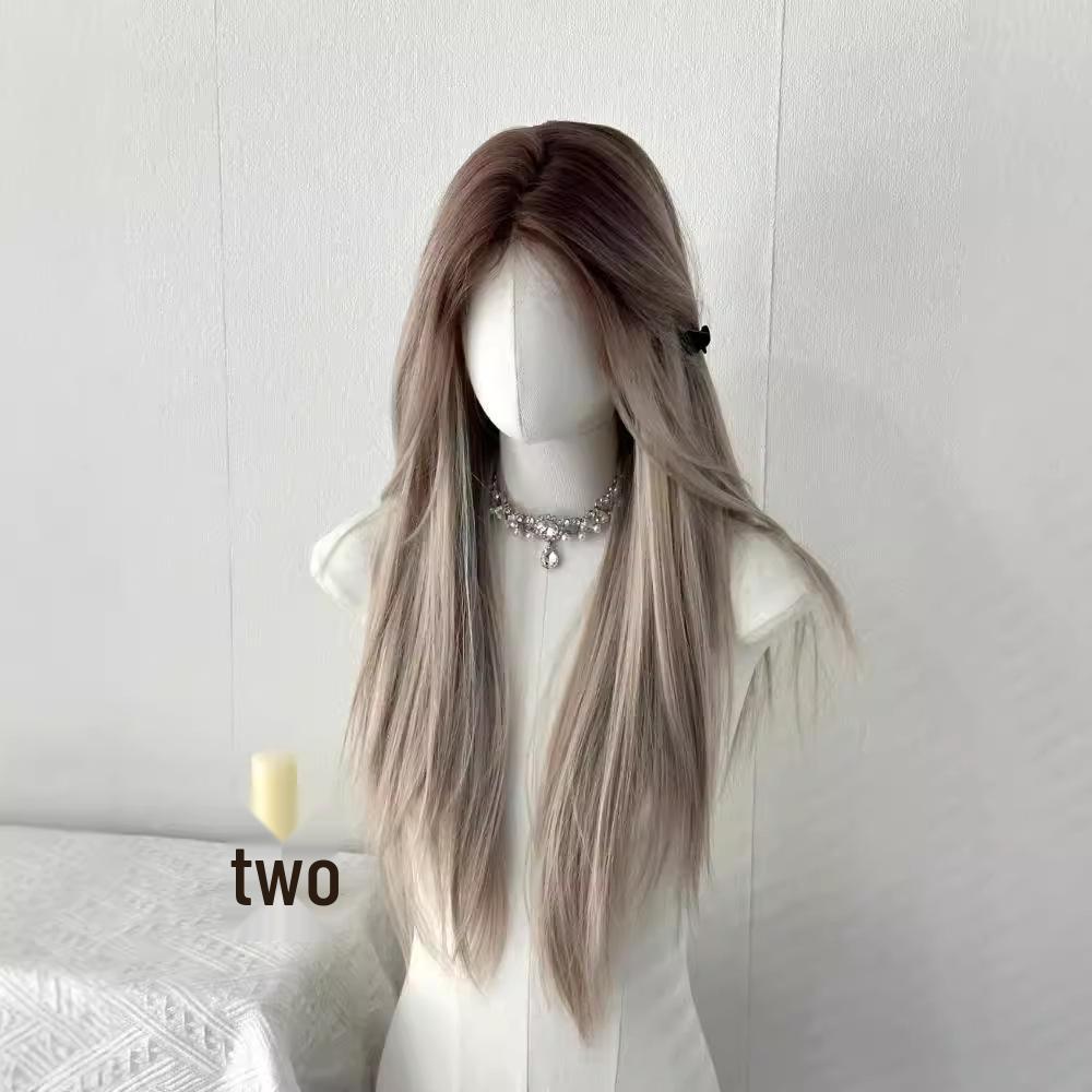 Asijská dlouhá rovná krajková paruka s přední částí - Gradientně barvená středová pěšinka, Krytí celé hlavy, Přirozený vzhled pro ženy
