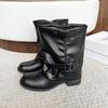 Fashion 2025 Autumn Pleated Buckle Knight Boots for Women Black PU Leather Mid Calf Boots Woman Slip-On Thick Heel Riding Botas Mujer