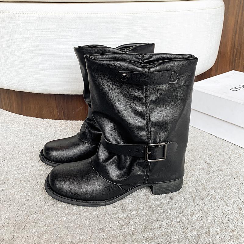 Fashion 2025 Autumn Pleated Buckle Knight Boots for Women Black PU Leather Mid Calf Boots Woman Slip-On Thick Heel Riding Botas Mujer