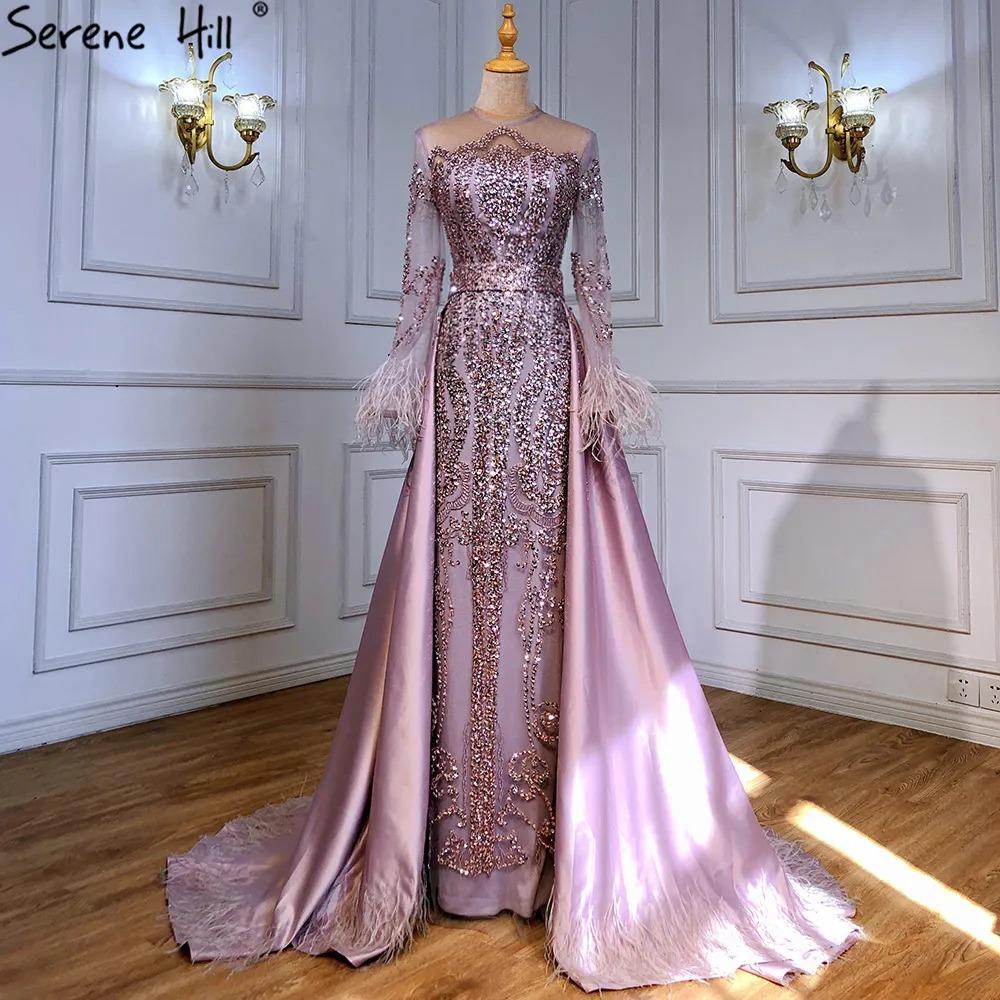 Pink Elegant Feather Long Sleeve Evening Dress Celebrity Banquet Host Playing Fishtail Dress LA10911