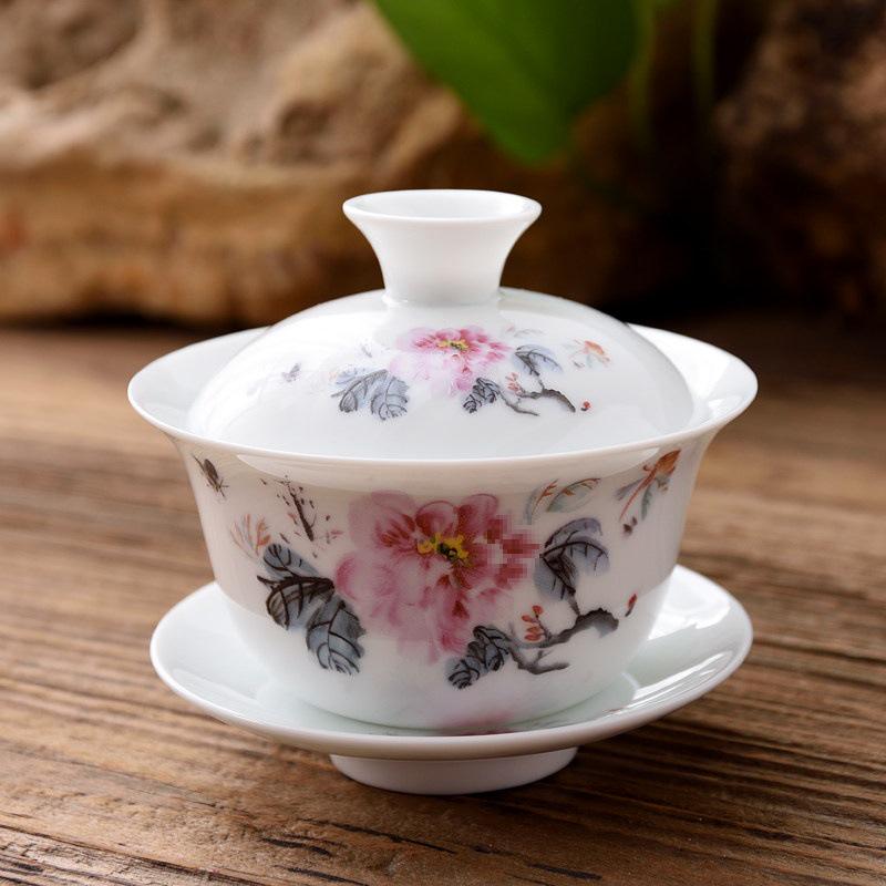 3.4-Inch Blue & White Ceramic Gaiwan Tea Set - 3-Piece, 100ml Capacity