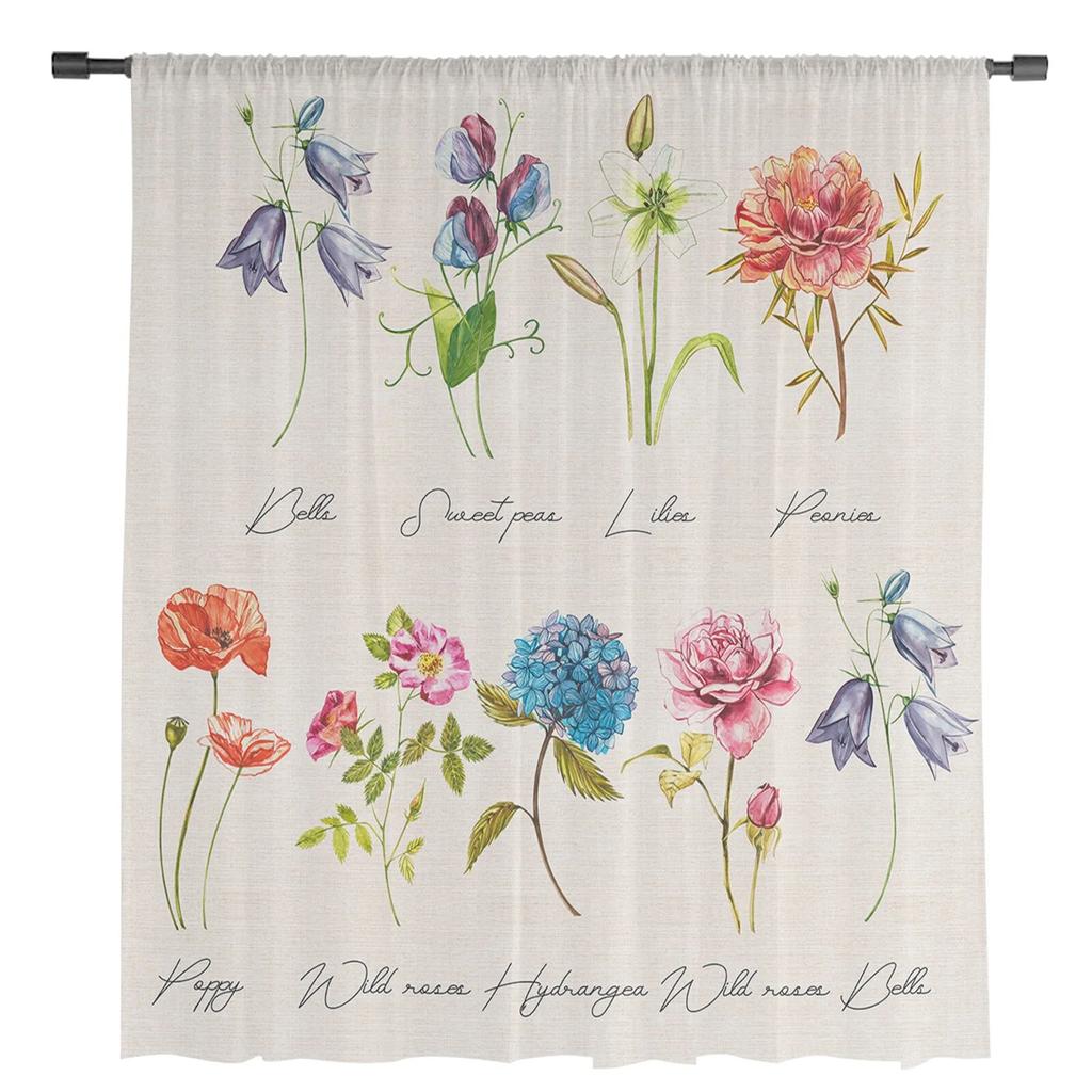 Vintage Flowers Herbaceous Plant Linen Texture Tulle Curtains For Living Room Kitchen Sheer Voile Curtain Bedroom Window Panels