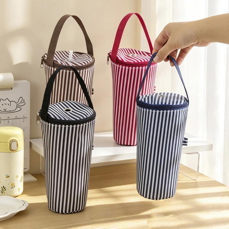 Thermal Lined Striped Tumbler Bag with Handle Insulated Water Bottle Carrier for Commuting Outdoor Activities