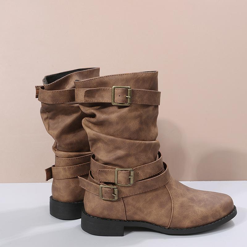 Large size Martin boots autumn new European and American medium tube thick heel short boots belt buckle