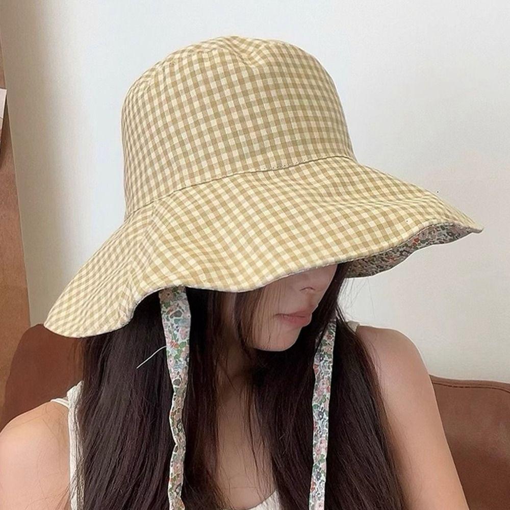 Sun Protection Drawstring Sun Hat Lace Up Plaid Hiking Cap Fashion Heart Printed Bucket Hat  Summer