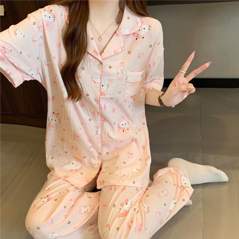 Cloud Cotton Pajamas Women'S Summer Dream Candy Cute Lapel Short Sleeves Trousers Homewear