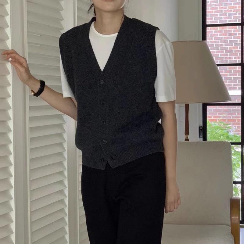 Women's Wool Vest: Autumn Winter V-Neck Cardigan with Cashmere, Loose Sleeveless Design, Shoulder Pads, Knitted Sweater.