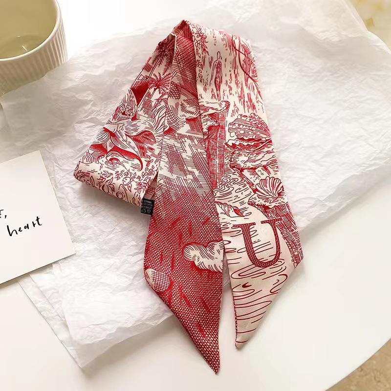 Small White And Tender Green Silk Scarf For Women, Thin Streamer, Headband, Hair Tie, Bag Decoration Long