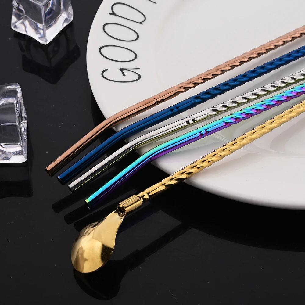 10Pcs/Set Straw Spoon Portable Black Tea Scoop Reusable Colored Stainless Steel Straws Colorful Dinnerware Set For Bar Party