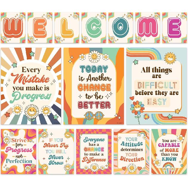 Decorably 15 Chalkboard Welcome Back to School Bulletin Board Decorations, pirational, Matte-Laminated Posters - for Classroom, School Hallways