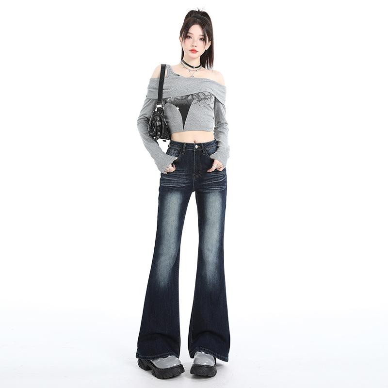 Spice girl design feeling slightly pull jeans women's autumn new high-waisted elastic slim-fitting thin flared floor pants